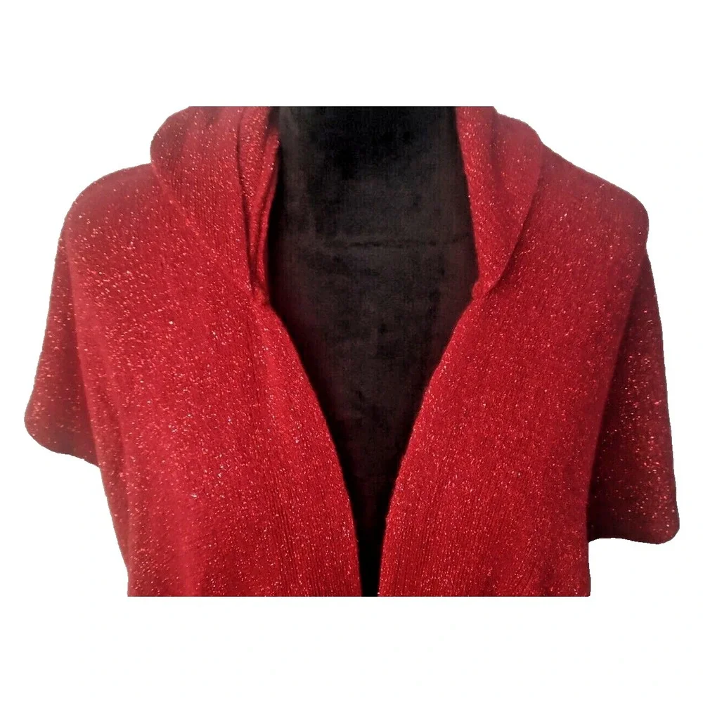 Women's Red Poncho Hooded‎ Knit Shawl whit Ruffle.
